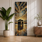Tall vertical impasto style painting of the Kaaba centered within Masjid al Haram courtyard in Mecca. Thick palette knife textures create sweeping golden and blue clouds above while reflective stone flooring leads toward the Kaaba, surrounded by mosque arches and dramatic light.