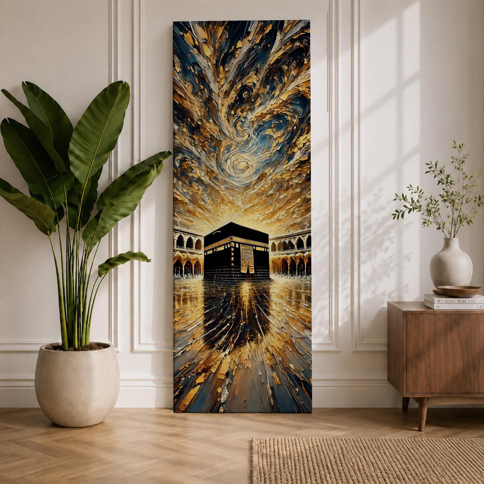 Tall vertical impasto style painting of the Kaaba centered within Masjid al Haram courtyard in Mecca. Thick palette knife textures create sweeping golden and blue clouds above while reflective stone flooring leads toward the Kaaba, surrounded by mosque arches and dramatic light.
