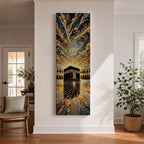 Tall vertical impasto style painting of the Kaaba centered within Masjid al Haram courtyard in Mecca. Thick palette knife textures create sweeping golden and blue clouds above while reflective stone flooring leads toward the Kaaba, surrounded by mosque arches and dramatic light.