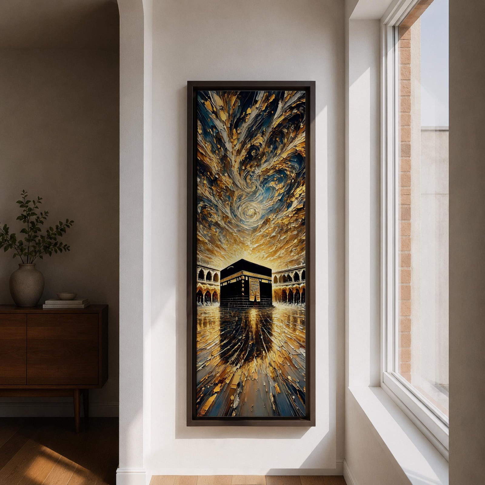 Tall vertical impasto style painting of the Kaaba centered within Masjid al Haram courtyard in Mecca. Thick palette knife textures create sweeping golden and blue clouds above while reflective stone flooring leads toward the Kaaba, surrounded by mosque arches and dramatic light.