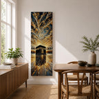 Tall vertical impasto style painting of the Kaaba centered within Masjid al Haram courtyard in Mecca. Thick palette knife textures create sweeping golden and blue clouds above while reflective stone flooring leads toward the Kaaba, surrounded by mosque arches and dramatic light.