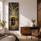 Tall vertical impasto style painting of the Kaaba centered within Masjid al Haram courtyard in Mecca. Thick palette knife textures create sweeping golden and blue clouds above while reflective stone flooring leads toward the Kaaba, surrounded by mosque arches and dramatic light.