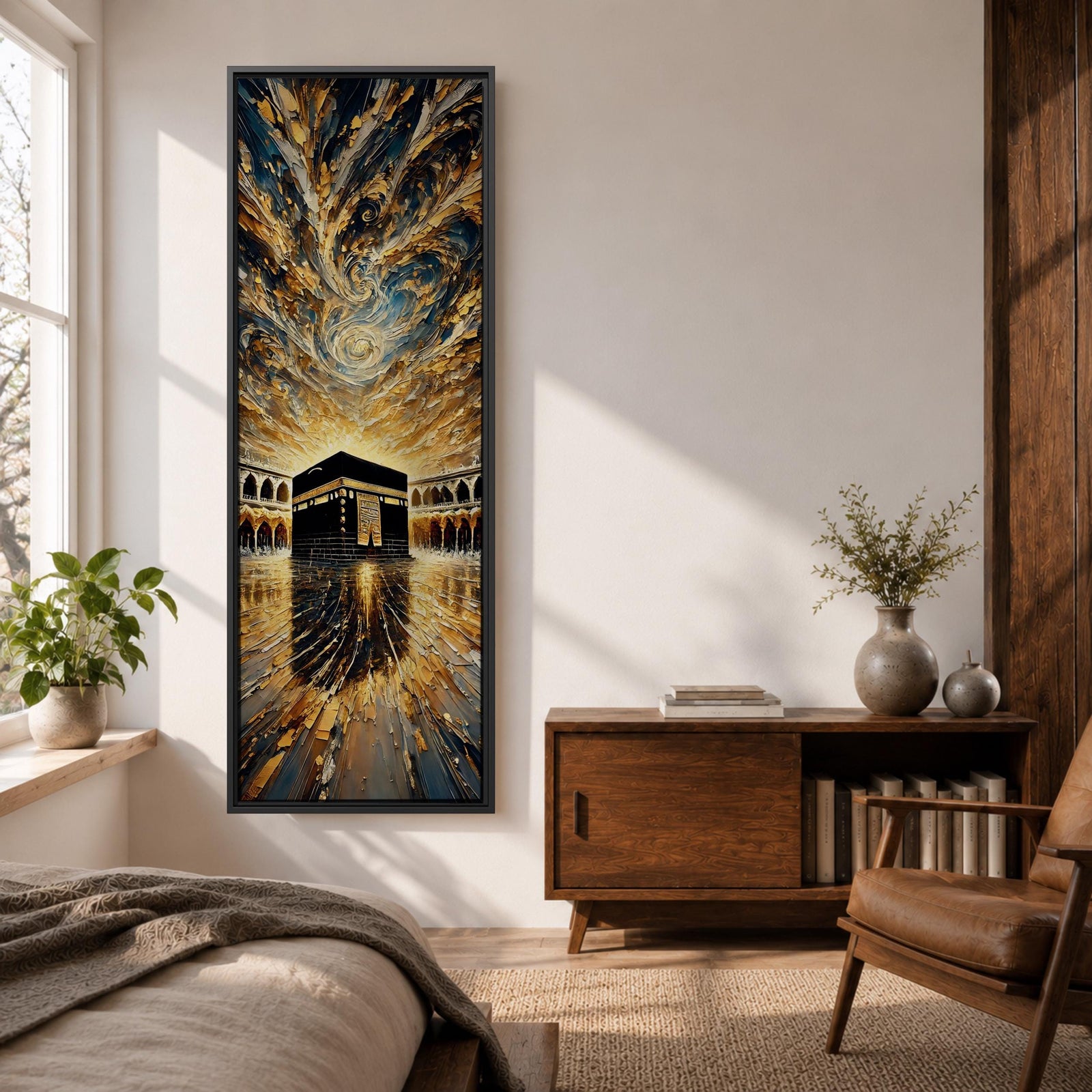 Tall vertical impasto style painting of the Kaaba centered within Masjid al Haram courtyard in Mecca. Thick palette knife textures create sweeping golden and blue clouds above while reflective stone flooring leads toward the Kaaba, surrounded by mosque arches and dramatic light.