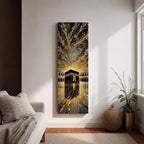 Tall vertical impasto style painting of the Kaaba centered within Masjid al Haram courtyard in Mecca. Thick palette knife textures create sweeping golden and blue clouds above while reflective stone flooring leads toward the Kaaba, surrounded by mosque arches and dramatic light.