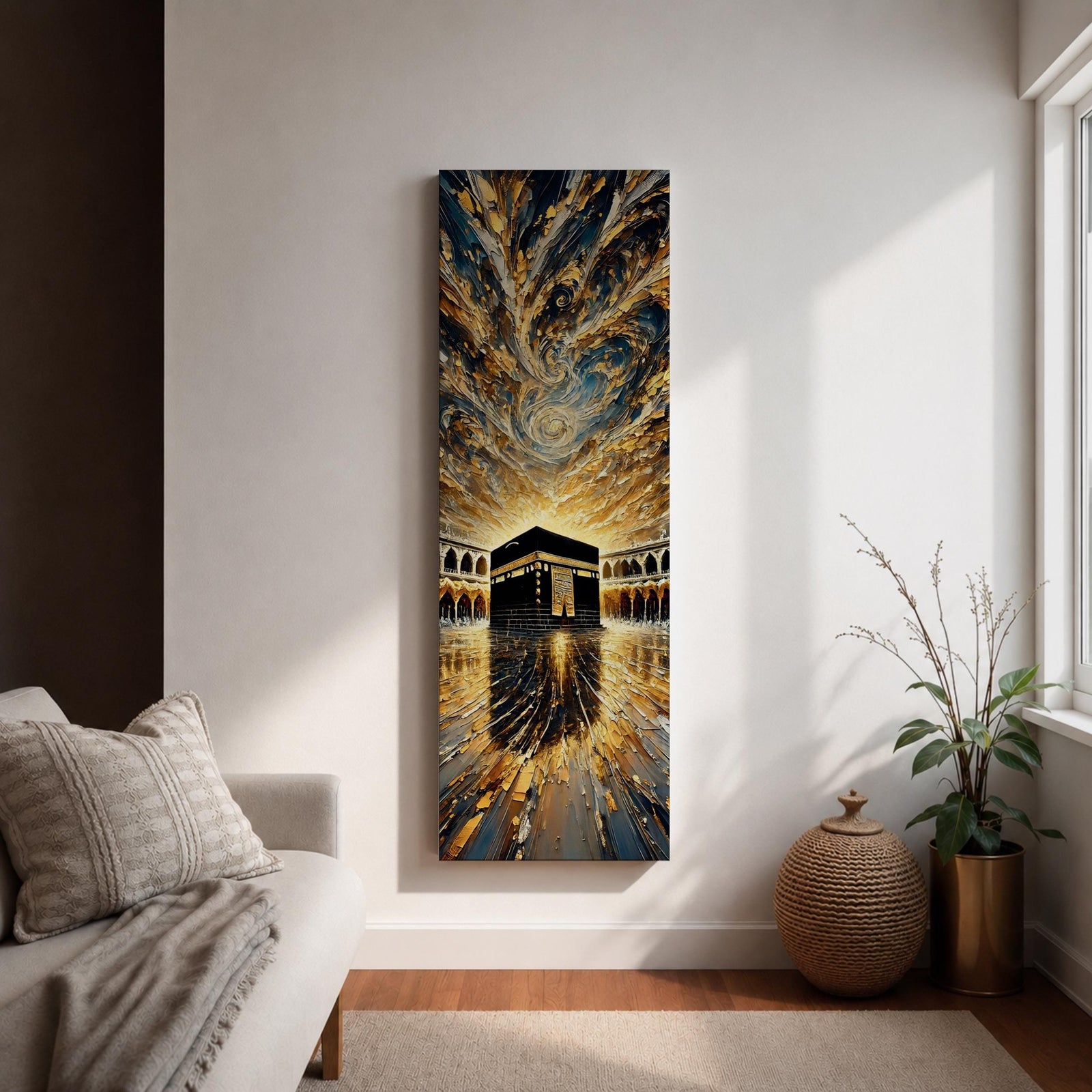 Tall vertical impasto style painting of the Kaaba centered within Masjid al Haram courtyard in Mecca. Thick palette knife textures create sweeping golden and blue clouds above while reflective stone flooring leads toward the Kaaba, surrounded by mosque arches and dramatic light.