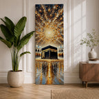 Tall vertical impasto style painting showing the sacred Kaaba at the center of Masjid al Haram surrounded by mosque arches and reflective marble courtyard. Radiating golden light spreads across a dramatic sky above the Kaaba while thick palette knife textures create movement across the glowing scene.