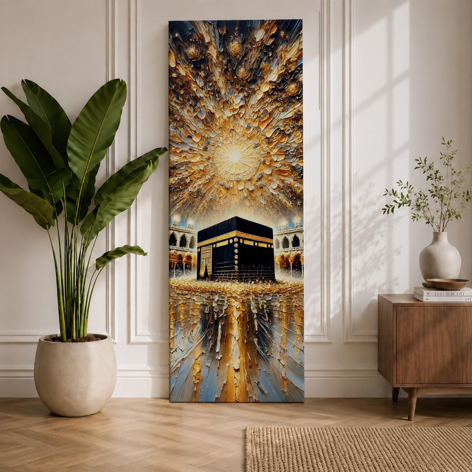 Tall vertical impasto style painting showing the sacred Kaaba at the center of Masjid al Haram surrounded by mosque arches and reflective marble courtyard. Radiating golden light spreads across a dramatic sky above the Kaaba while thick palette knife textures create movement across the glowing scene.