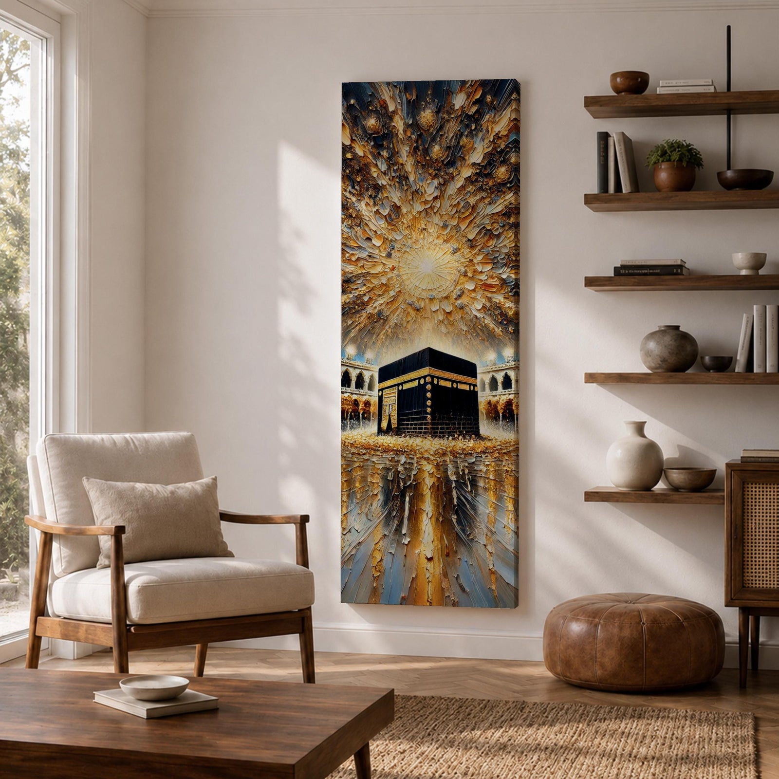 Tall vertical impasto style painting showing the sacred Kaaba at the center of Masjid al Haram surrounded by mosque arches and reflective marble courtyard. Radiating golden light spreads across a dramatic sky above the Kaaba while thick palette knife textures create movement across the glowing scene.