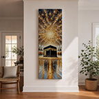 Tall vertical impasto style painting showing the sacred Kaaba at the center of Masjid al Haram surrounded by mosque arches and reflective marble courtyard. Radiating golden light spreads across a dramatic sky above the Kaaba while thick palette knife textures create movement across the glowing scene.