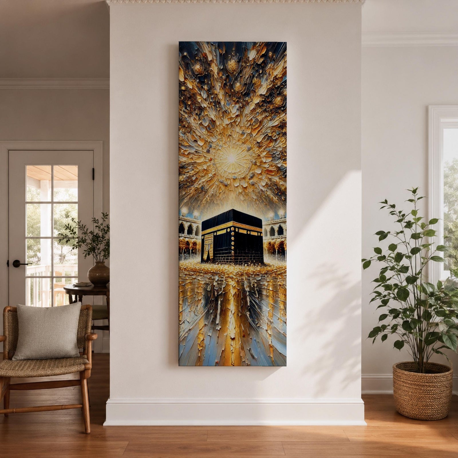 Tall vertical impasto style painting showing the sacred Kaaba at the center of Masjid al Haram surrounded by mosque arches and reflective marble courtyard. Radiating golden light spreads across a dramatic sky above the Kaaba while thick palette knife textures create movement across the glowing scene.