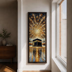 Tall vertical impasto style painting showing the sacred Kaaba at the center of Masjid al Haram surrounded by mosque arches and reflective marble courtyard. Radiating golden light spreads across a dramatic sky above the Kaaba while thick palette knife textures create movement across the glowing scene.