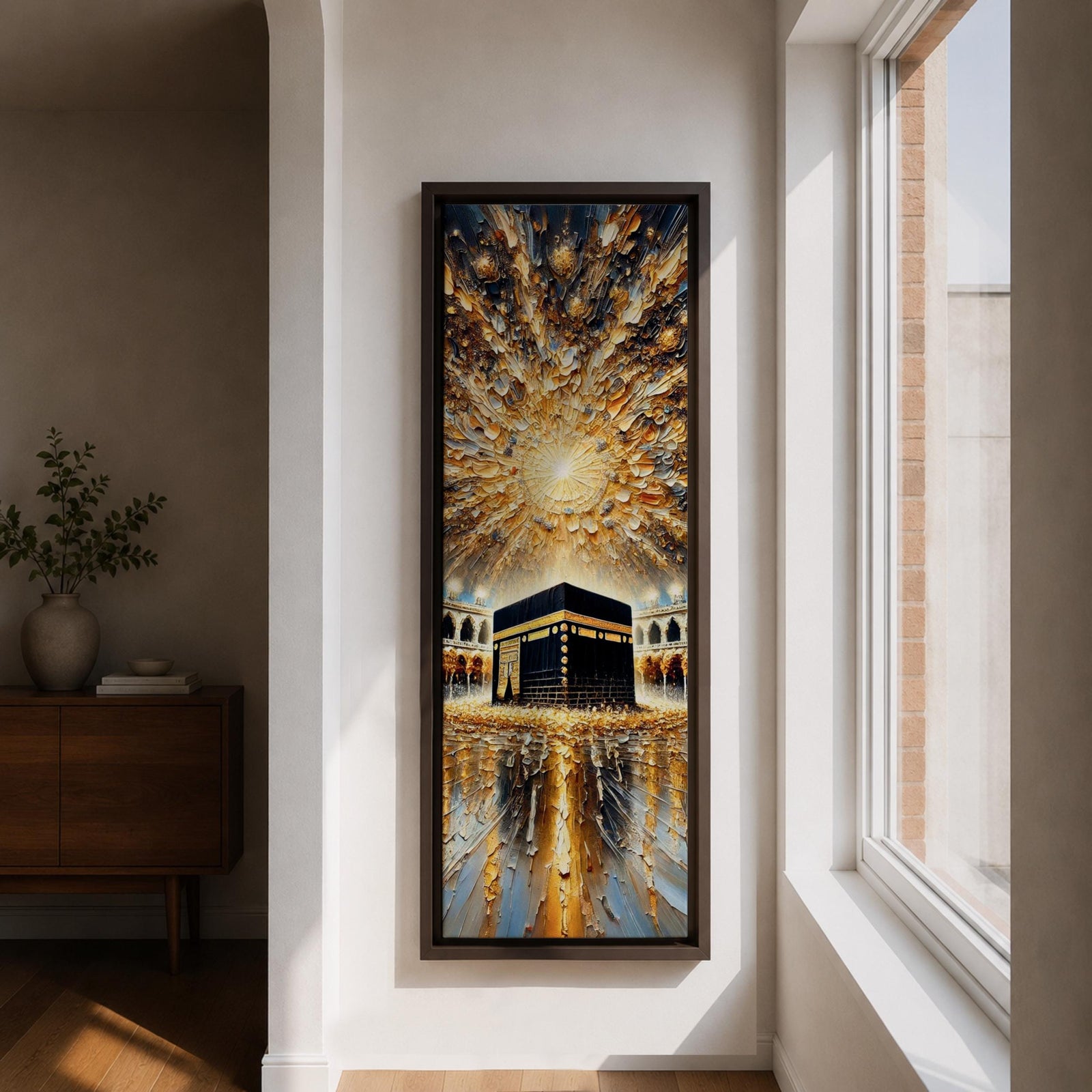 Tall vertical impasto style painting showing the sacred Kaaba at the center of Masjid al Haram surrounded by mosque arches and reflective marble courtyard. Radiating golden light spreads across a dramatic sky above the Kaaba while thick palette knife textures create movement across the glowing scene.
