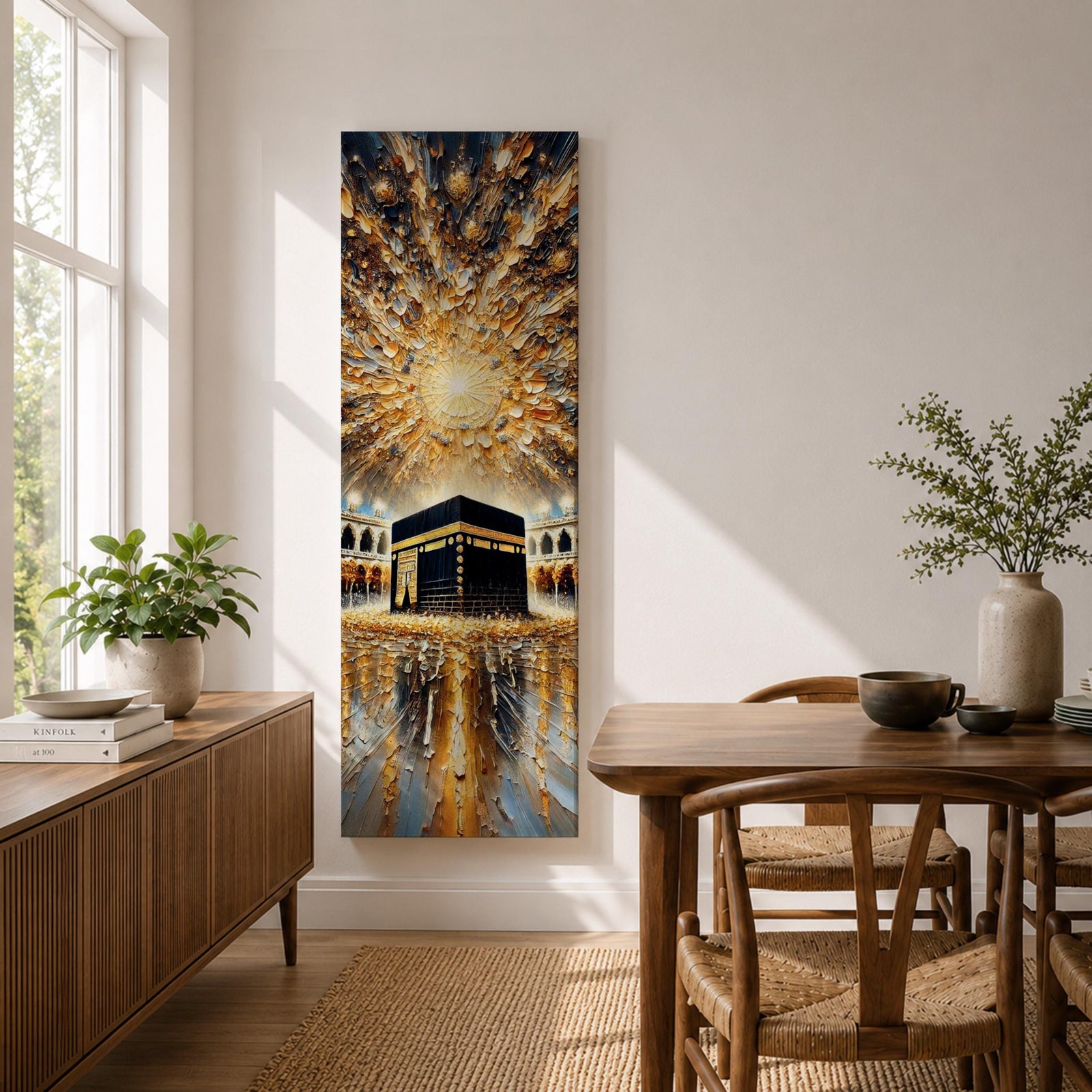 Tall vertical impasto style painting showing the sacred Kaaba at the center of Masjid al Haram surrounded by mosque arches and reflective marble courtyard. Radiating golden light spreads across a dramatic sky above the Kaaba while thick palette knife textures create movement across the glowing scene.