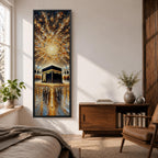 Tall vertical impasto style painting showing the sacred Kaaba at the center of Masjid al Haram surrounded by mosque arches and reflective marble courtyard. Radiating golden light spreads across a dramatic sky above the Kaaba while thick palette knife textures create movement across the glowing scene.