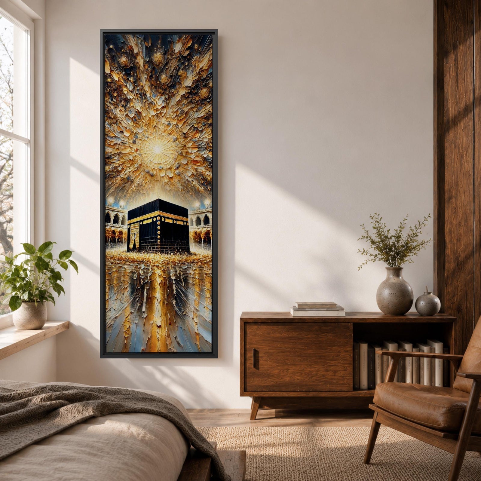 Tall vertical impasto style painting showing the sacred Kaaba at the center of Masjid al Haram surrounded by mosque arches and reflective marble courtyard. Radiating golden light spreads across a dramatic sky above the Kaaba while thick palette knife textures create movement across the glowing scene.