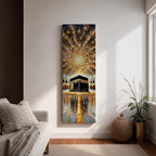 Tall vertical impasto style painting showing the sacred Kaaba at the center of Masjid al Haram surrounded by mosque arches and reflective marble courtyard. Radiating golden light spreads across a dramatic sky above the Kaaba while thick palette knife textures create movement across the glowing scene.