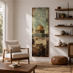 Tall vertical painting of the Dome of the Rock in Jerusalem featuring the iconic golden dome rising above historic stone walls and palm trees. The mosque structure sits beneath a muted sky with textured vintage style brushwork highlighting the architecture and warm golden tones of the dome.