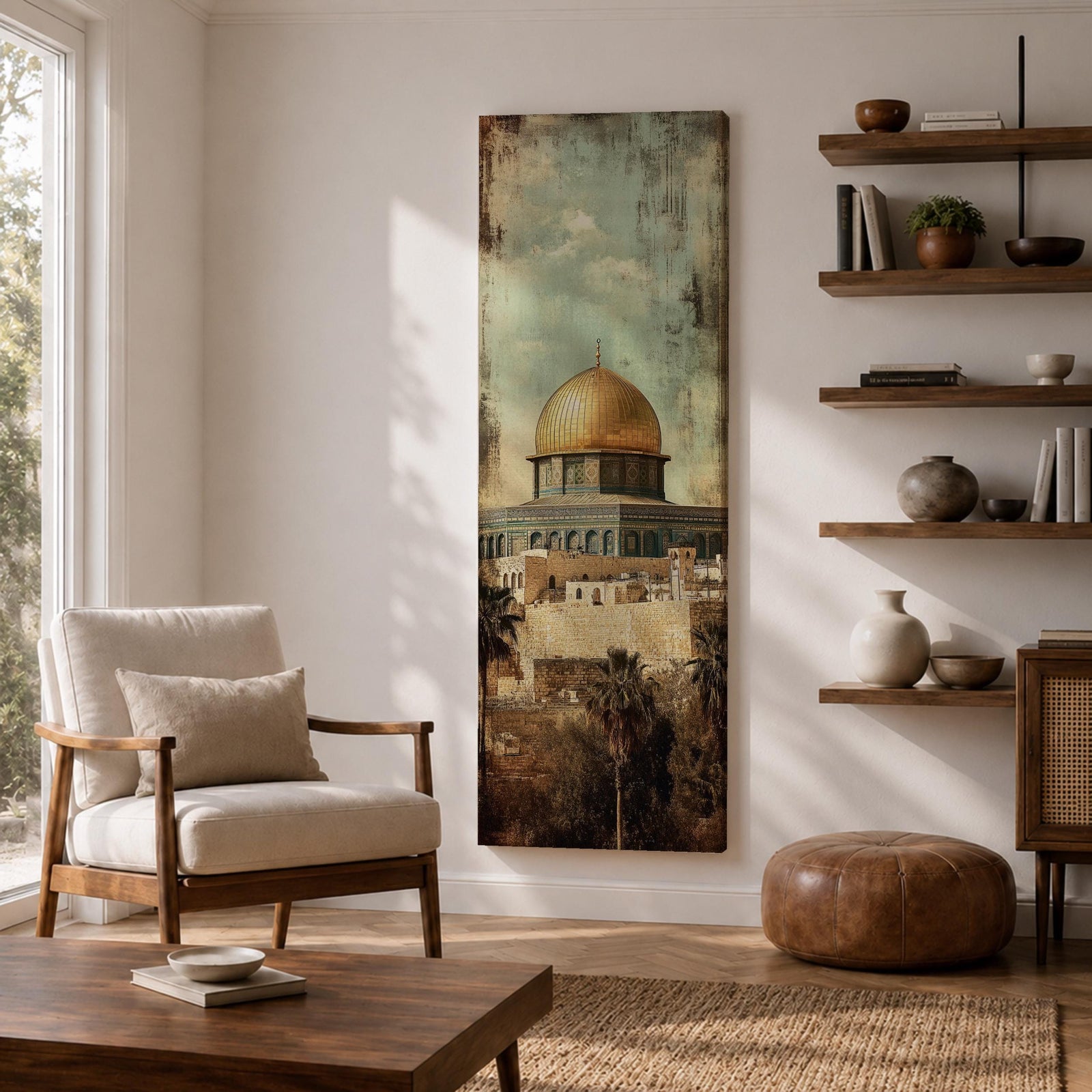 Tall vertical painting of the Dome of the Rock in Jerusalem featuring the iconic golden dome rising above historic stone walls and palm trees. The mosque structure sits beneath a muted sky with textured vintage style brushwork highlighting the architecture and warm golden tones of the dome.