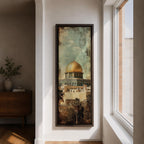 Tall vertical painting of the Dome of the Rock in Jerusalem featuring the iconic golden dome rising above historic stone walls and palm trees. The mosque structure sits beneath a muted sky with textured vintage style brushwork highlighting the architecture and warm golden tones of the dome.