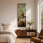 Tall vertical painting of the Dome of the Rock in Jerusalem featuring the iconic golden dome rising above historic stone walls and palm trees. The mosque structure sits beneath a muted sky with textured vintage style brushwork highlighting the architecture and warm golden tones of the dome.