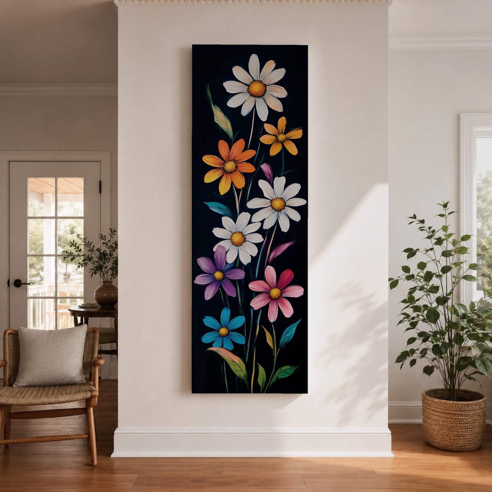 Tall vertical floral artwork featuring colorful daisy flowers in white, orange, purple, pink, and blue rising along slender green stems against a deep black background. The composition highlights bright petals and yellow centers with smooth painterly details and vibrant botanical contrast.