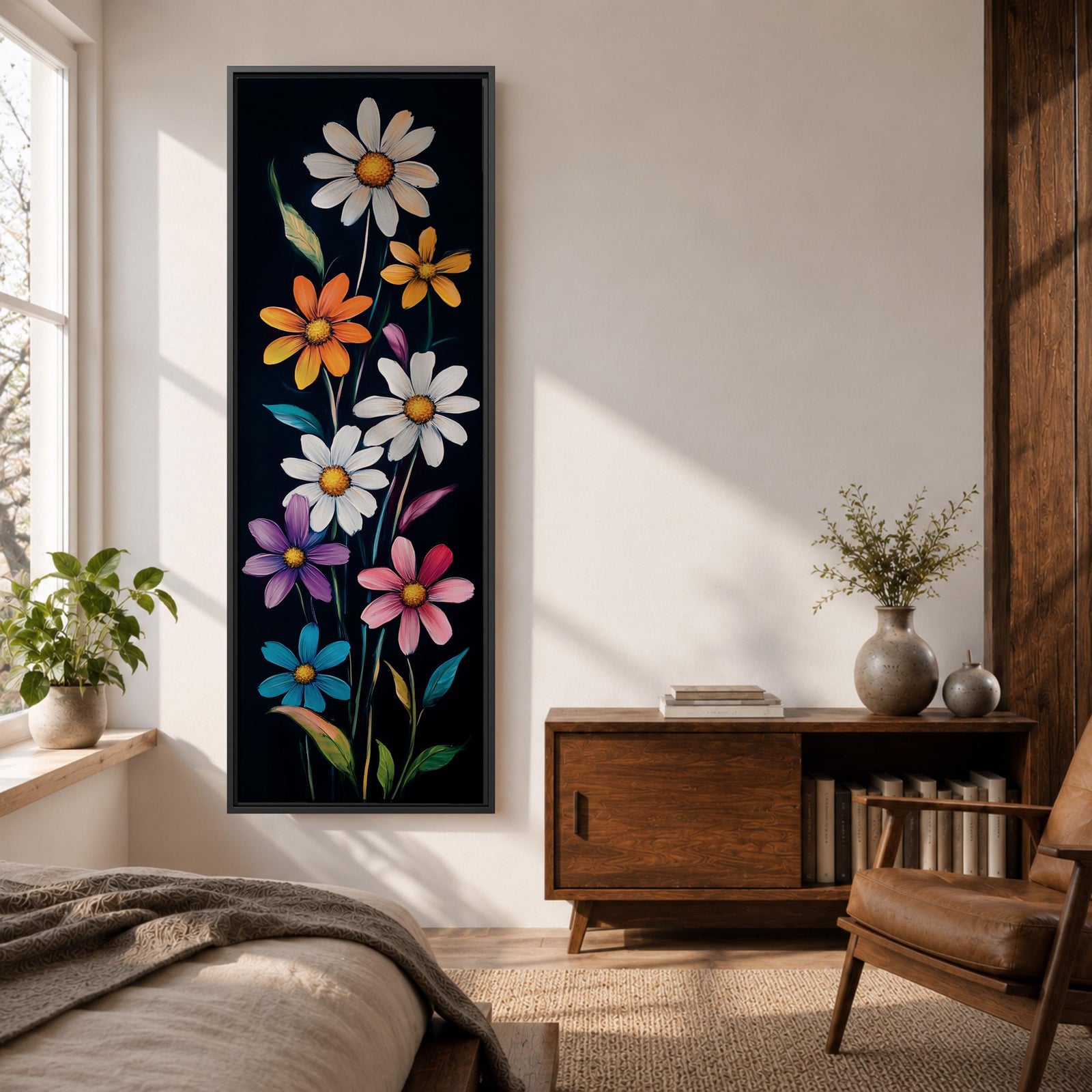 Tall vertical floral artwork featuring colorful daisy flowers in white, orange, purple, pink, and blue rising along slender green stems against a deep black background. The composition highlights bright petals and yellow centers with smooth painterly details and vibrant botanical contrast.