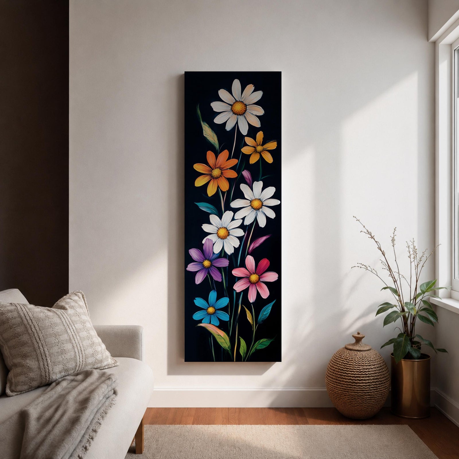 Tall vertical floral artwork featuring colorful daisy flowers in white, orange, purple, pink, and blue rising along slender green stems against a deep black background. The composition highlights bright petals and yellow centers with smooth painterly details and vibrant botanical contrast.