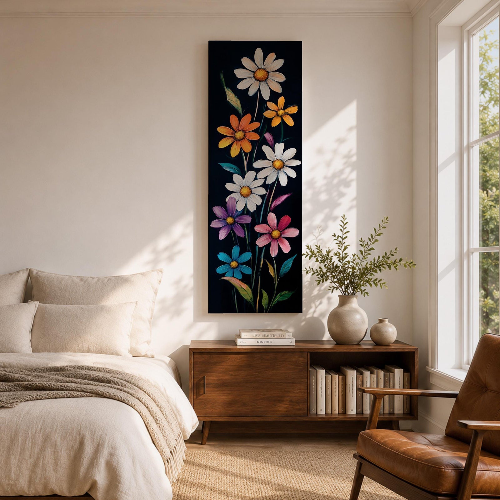 Tall vertical floral artwork featuring colorful daisy flowers in white, orange, purple, pink, and blue rising along slender green stems against a deep black background. The composition highlights bright petals and yellow centers with smooth painterly details and vibrant botanical contrast.