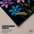 Tall vertical floral artwork featuring colorful daisy flowers in white, orange, purple, pink, and blue rising along slender green stems against a deep black background. The composition highlights bright petals and yellow centers with smooth painterly details and vibrant botanical contrast.