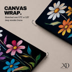 Tall vertical floral artwork featuring colorful daisy flowers in white, orange, purple, pink, and blue rising along slender green stems against a deep black background. The composition highlights bright petals and yellow centers with smooth painterly details and vibrant botanical contrast.