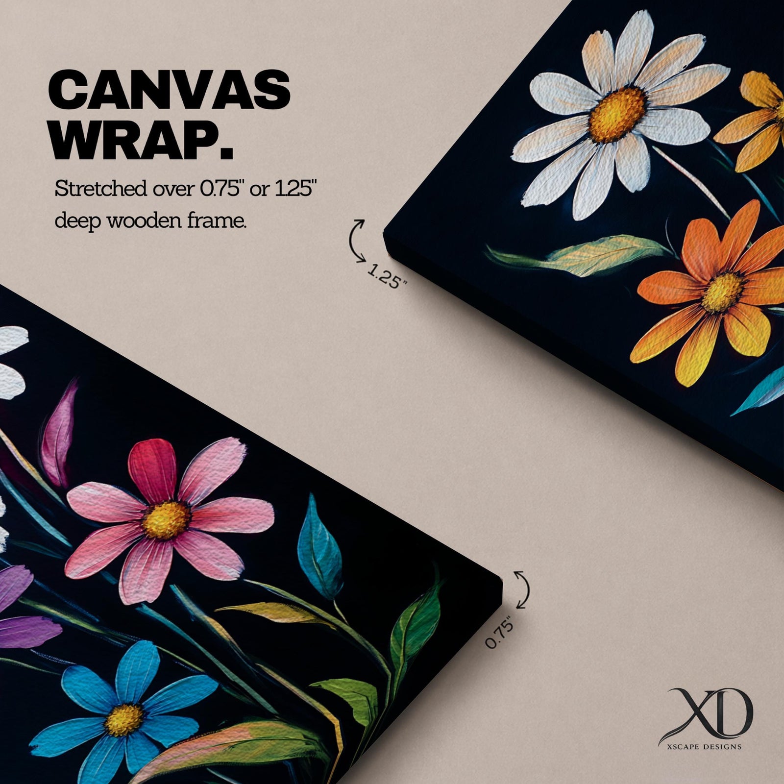 Tall vertical floral artwork featuring colorful daisy flowers in white, orange, purple, pink, and blue rising along slender green stems against a deep black background. The composition highlights bright petals and yellow centers with smooth painterly details and vibrant botanical contrast.