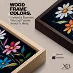 Tall vertical floral artwork featuring colorful daisy flowers in white, orange, purple, pink, and blue rising along slender green stems against a deep black background. The composition highlights bright petals and yellow centers with smooth painterly details and vibrant botanical contrast.