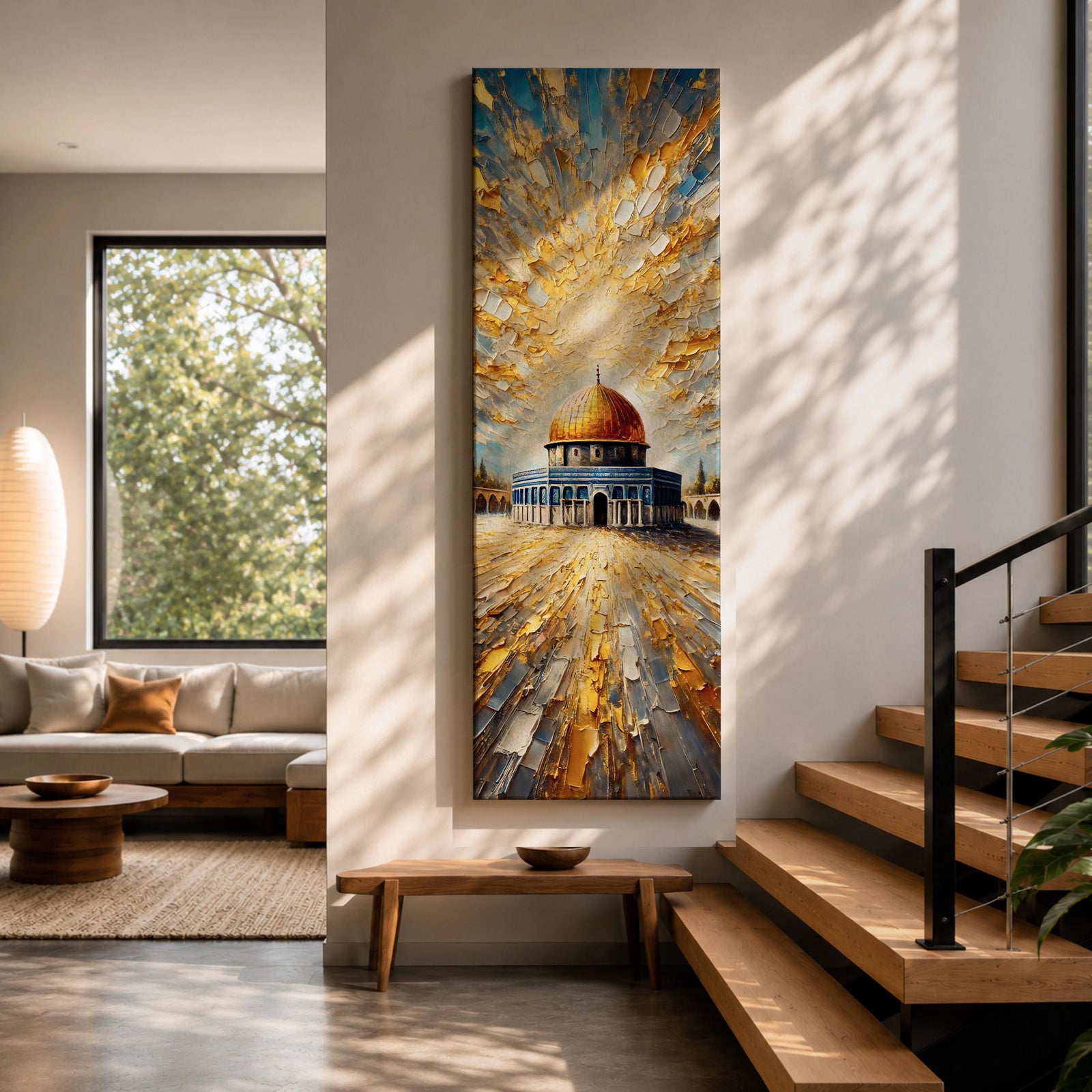 Tall vertical painting of the Dome of the Rock featuring the iconic golden dome rising above the historic stone courtyard and blue tiled base. Dramatic golden light radiates across the sky while textured impasto brushstrokes create reflective patterns across the stone plaza.