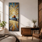 Tall vertical painting of the Dome of the Rock featuring the iconic golden dome rising above the historic stone courtyard and blue tiled base. Dramatic golden light radiates across the sky while textured impasto brushstrokes create reflective patterns across the stone plaza.