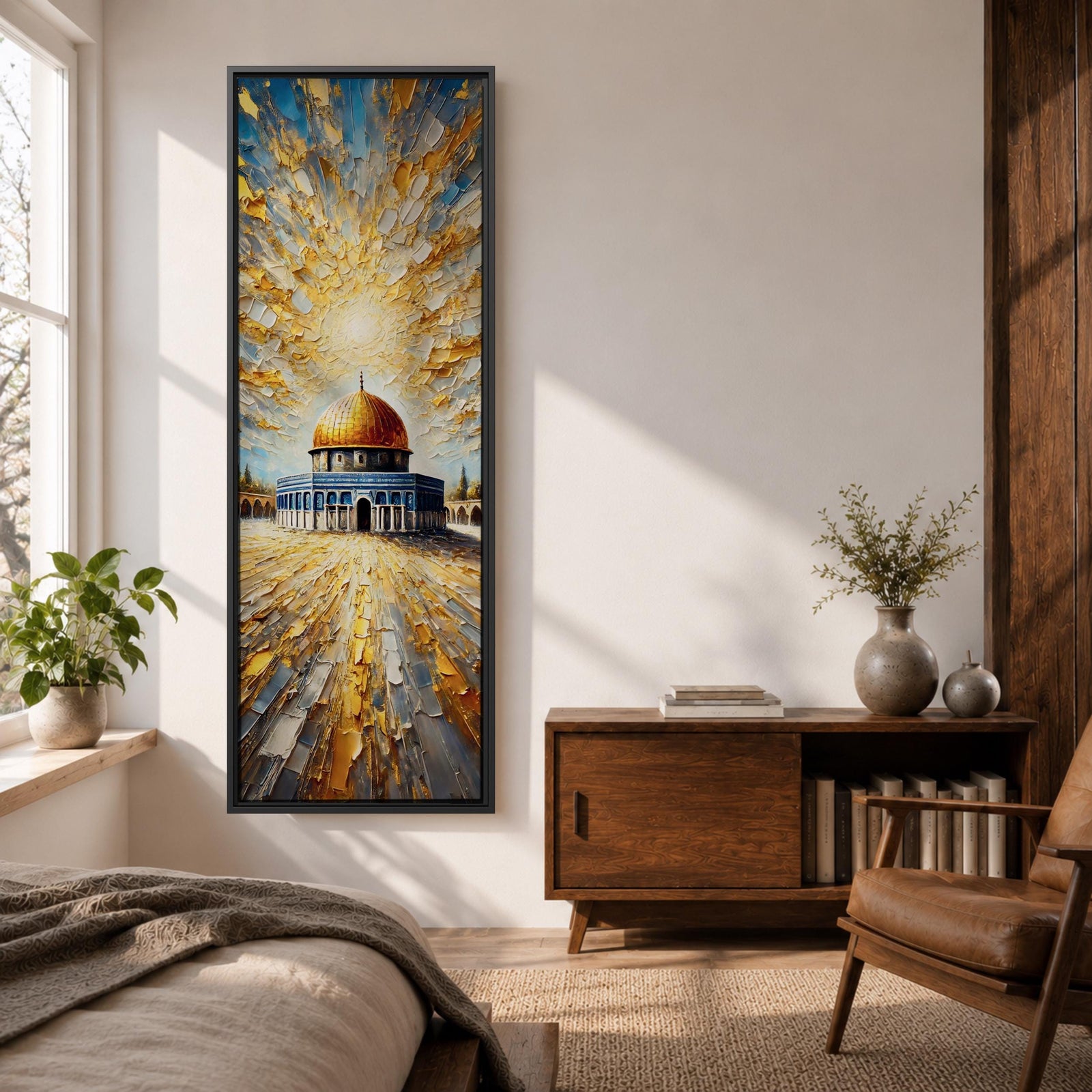 Tall vertical painting of the Dome of the Rock featuring the iconic golden dome rising above the historic stone courtyard and blue tiled base. Dramatic golden light radiates across the sky while textured impasto brushstrokes create reflective patterns across the stone plaza.