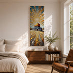 Tall vertical painting of the Dome of the Rock featuring the iconic golden dome rising above the historic stone courtyard and blue tiled base. Dramatic golden light radiates across the sky while textured impasto brushstrokes create reflective patterns across the stone plaza.