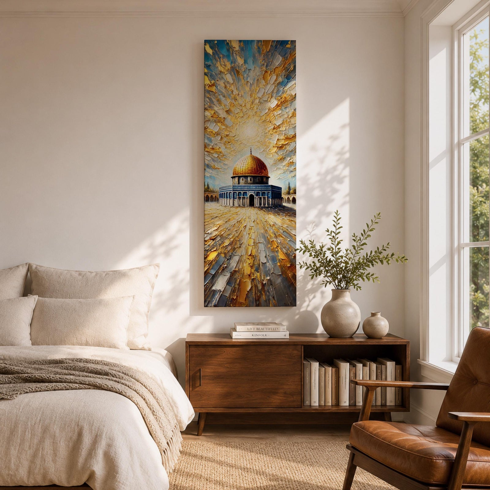 Tall vertical painting of the Dome of the Rock featuring the iconic golden dome rising above the historic stone courtyard and blue tiled base. Dramatic golden light radiates across the sky while textured impasto brushstrokes create reflective patterns across the stone plaza.