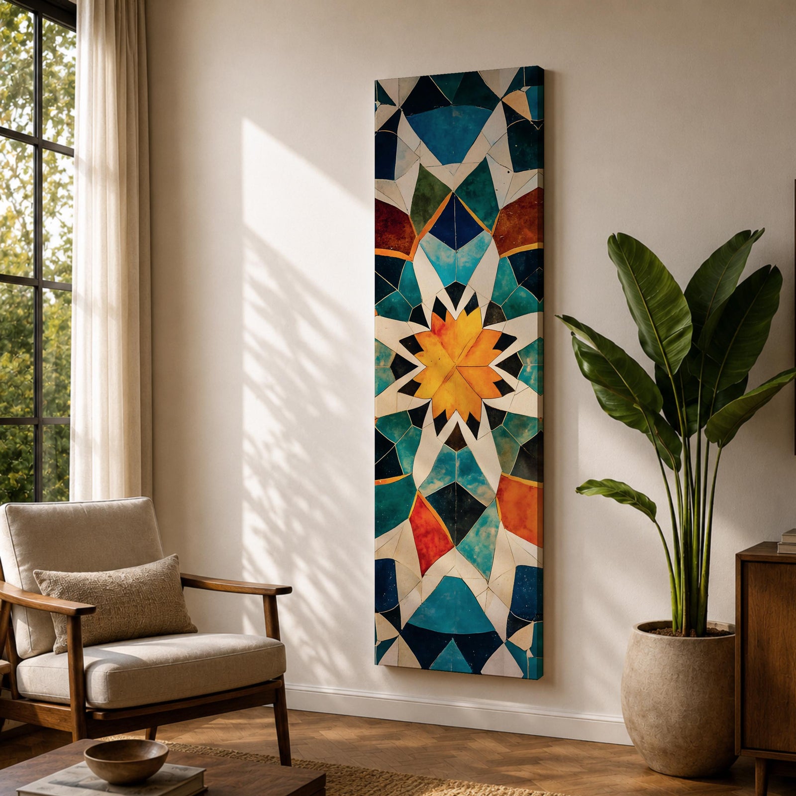Tall vertical geometric artwork featuring an Islamic mosaic pattern with an eight pointed star at the center. Interlocking shapes in teal, blue, white, orange, and gold form symmetrical Moorish tile motifs with a decorative arabesque structure inspired by traditional Islamic architecture.