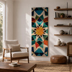 Tall vertical geometric artwork featuring an Islamic mosaic pattern with an eight pointed star at the center. Interlocking shapes in teal, blue, white, orange, and gold form symmetrical Moorish tile motifs with a decorative arabesque structure inspired by traditional Islamic architecture.