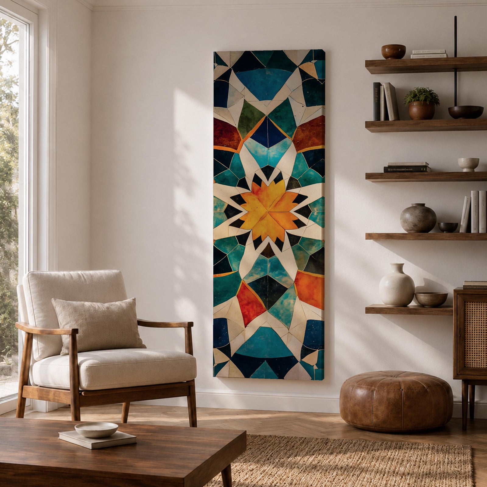 Tall vertical geometric artwork featuring an Islamic mosaic pattern with an eight pointed star at the center. Interlocking shapes in teal, blue, white, orange, and gold form symmetrical Moorish tile motifs with a decorative arabesque structure inspired by traditional Islamic architecture.