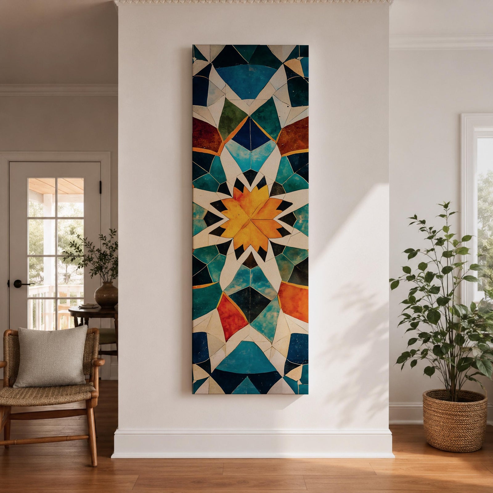 Tall vertical geometric artwork featuring an Islamic mosaic pattern with an eight pointed star at the center. Interlocking shapes in teal, blue, white, orange, and gold form symmetrical Moorish tile motifs with a decorative arabesque structure inspired by traditional Islamic architecture.