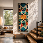 Tall vertical geometric artwork featuring an Islamic mosaic pattern with an eight pointed star at the center. Interlocking shapes in teal, blue, white, orange, and gold form symmetrical Moorish tile motifs with a decorative arabesque structure inspired by traditional Islamic architecture.