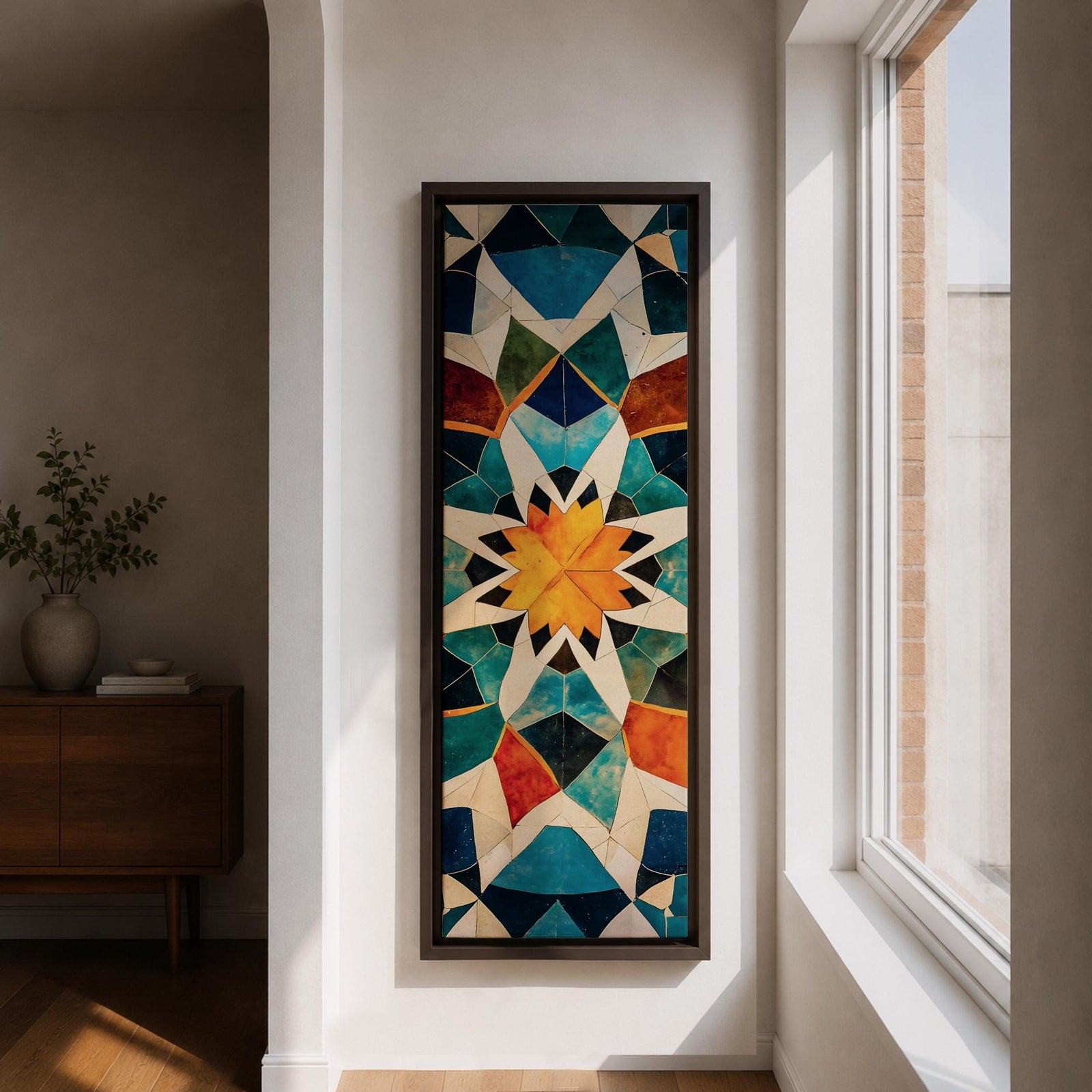 Tall vertical geometric artwork featuring an Islamic mosaic pattern with an eight pointed star at the center. Interlocking shapes in teal, blue, white, orange, and gold form symmetrical Moorish tile motifs with a decorative arabesque structure inspired by traditional Islamic architecture.