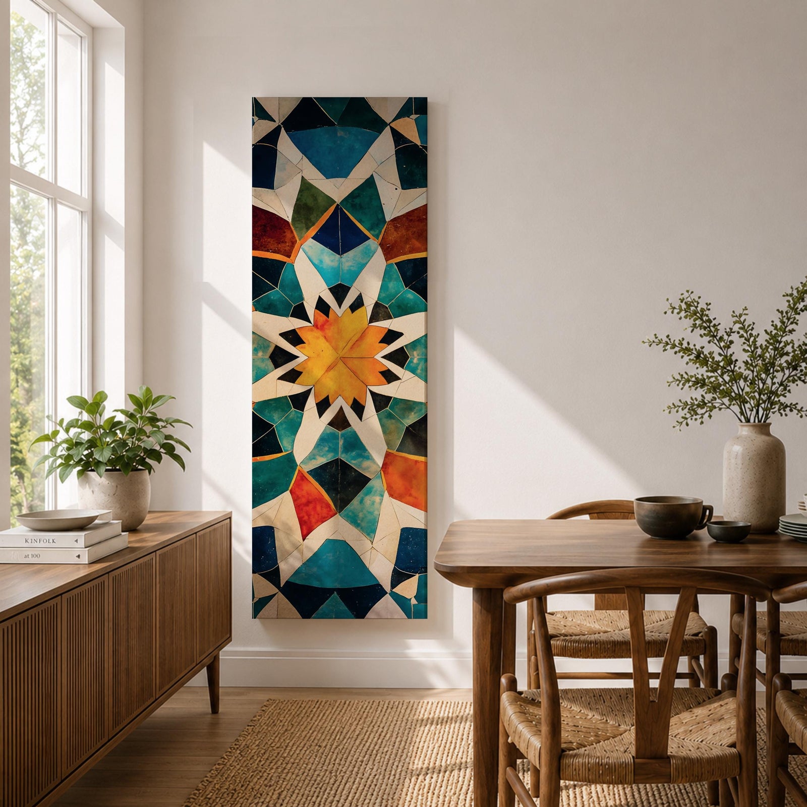 Tall vertical geometric artwork featuring an Islamic mosaic pattern with an eight pointed star at the center. Interlocking shapes in teal, blue, white, orange, and gold form symmetrical Moorish tile motifs with a decorative arabesque structure inspired by traditional Islamic architecture.