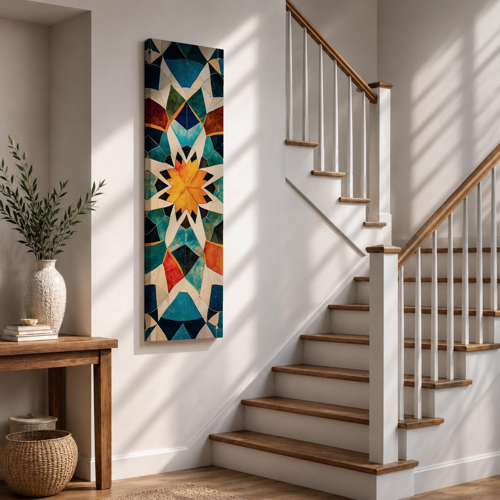 Tall vertical geometric artwork featuring an Islamic mosaic pattern with an eight pointed star at the center. Interlocking shapes in teal, blue, white, orange, and gold form symmetrical Moorish tile motifs with a decorative arabesque structure inspired by traditional Islamic architecture.