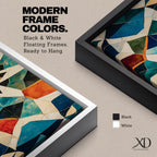 Tall vertical geometric artwork featuring an Islamic mosaic pattern with an eight pointed star at the center. Interlocking shapes in teal, blue, white, orange, and gold form symmetrical Moorish tile motifs with a decorative arabesque structure inspired by traditional Islamic architecture.