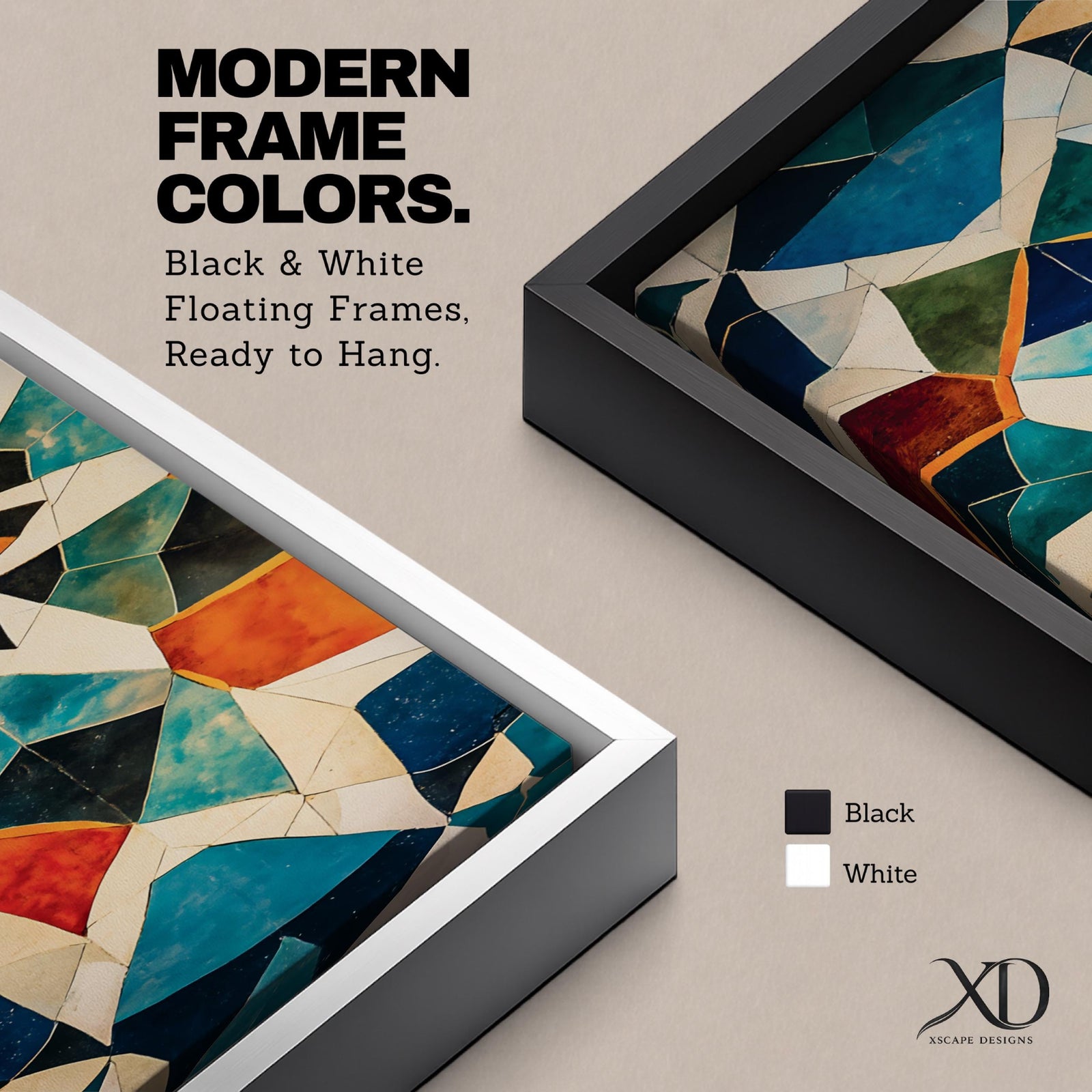 Tall vertical geometric artwork featuring an Islamic mosaic pattern with an eight pointed star at the center. Interlocking shapes in teal, blue, white, orange, and gold form symmetrical Moorish tile motifs with a decorative arabesque structure inspired by traditional Islamic architecture.