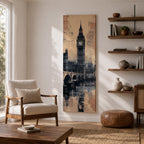 Tall vertical cityscape painting featuring Big Ben and the Elizabeth Tower rising above Westminster Bridge in London. The clock tower reflects across the River Thames with historic buildings in the background, rendered in textured sepia and blue watercolor tones with a vintage city atmosphere.