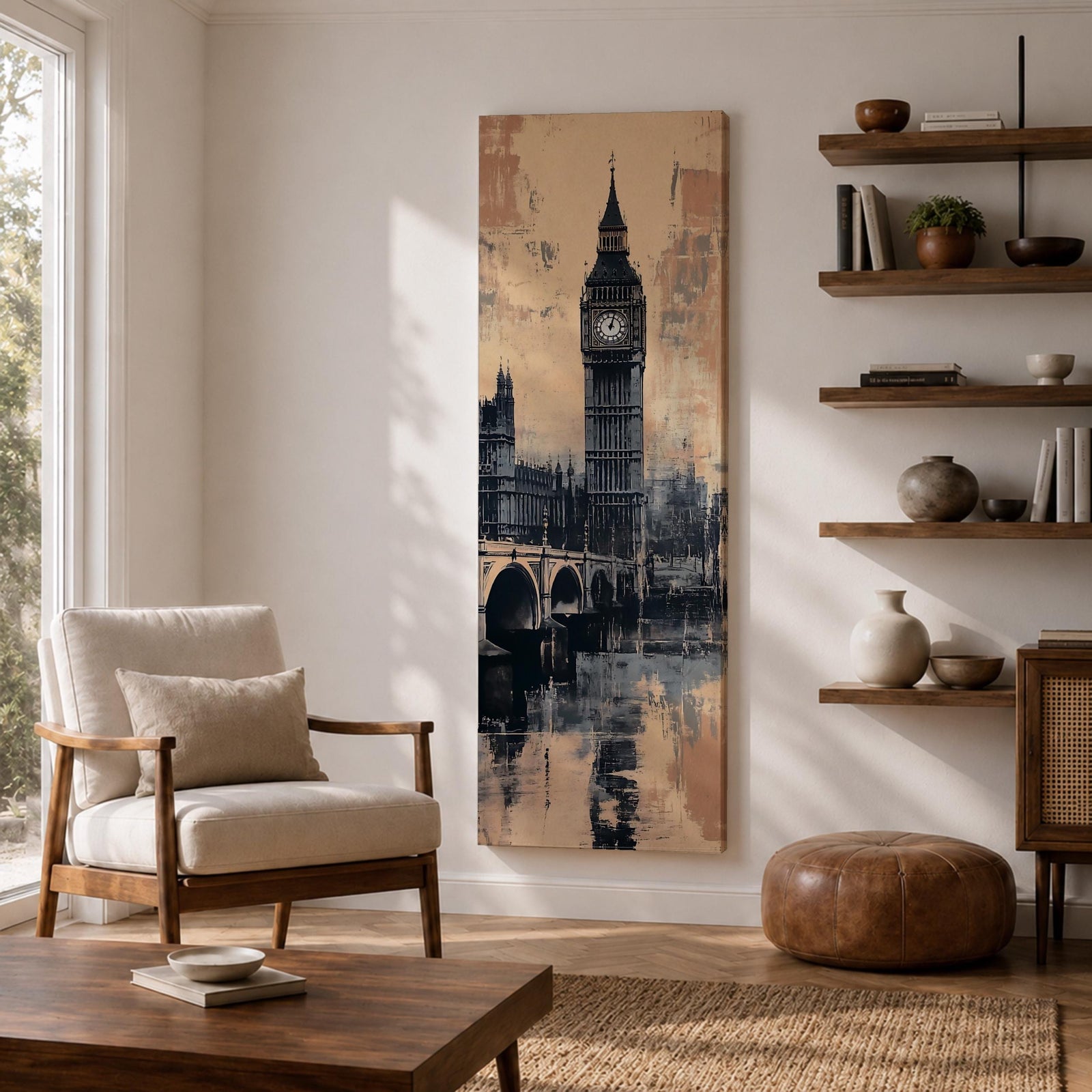 Tall vertical cityscape painting featuring Big Ben and the Elizabeth Tower rising above Westminster Bridge in London. The clock tower reflects across the River Thames with historic buildings in the background, rendered in textured sepia and blue watercolor tones with a vintage city atmosphere.