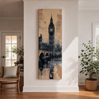 Tall vertical cityscape painting featuring Big Ben and the Elizabeth Tower rising above Westminster Bridge in London. The clock tower reflects across the River Thames with historic buildings in the background, rendered in textured sepia and blue watercolor tones with a vintage city atmosphere.